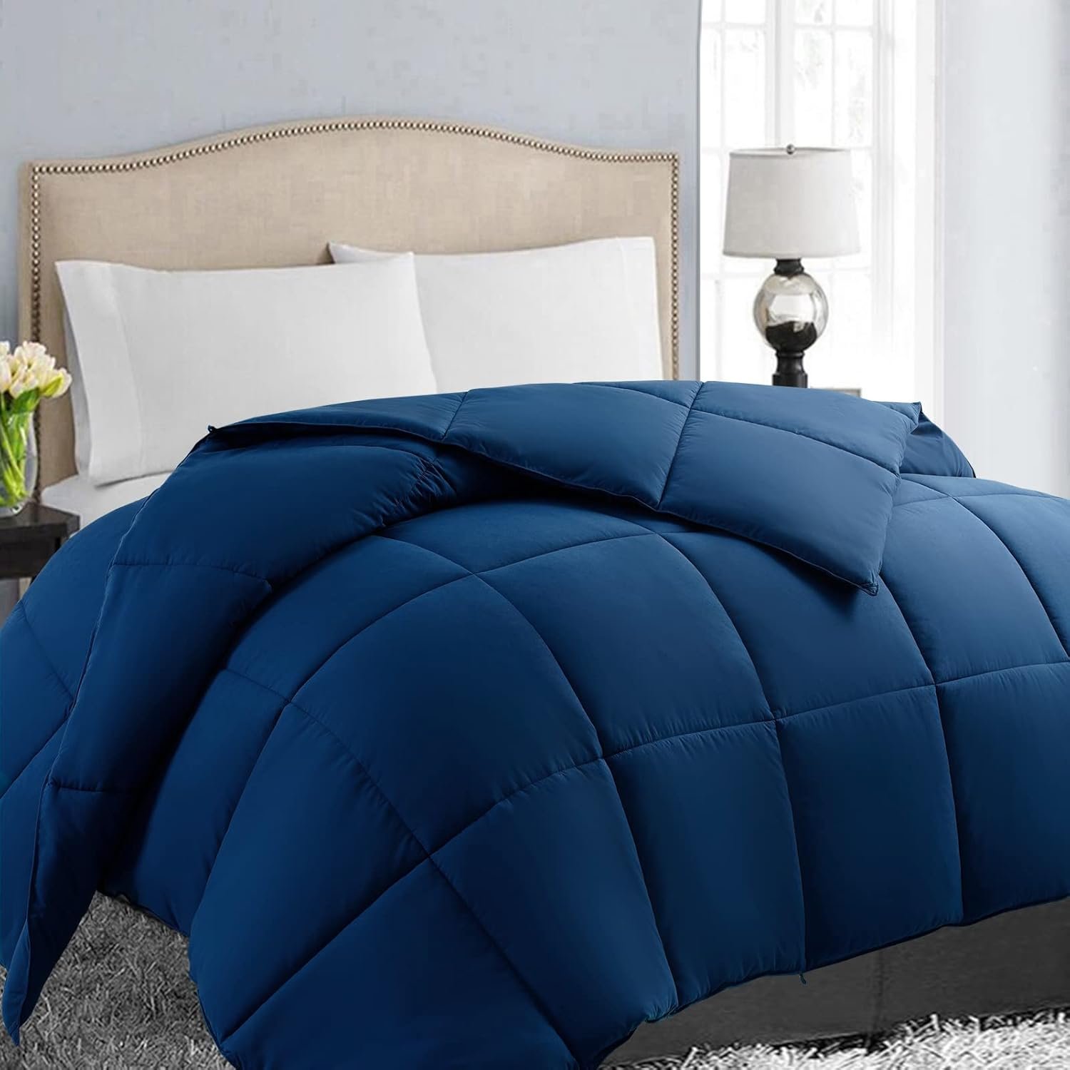 All Season Queen Size Soft Quilted Down Alternative Comforter Reversible Duvet Insert with Corner Tabs,Winter Summer Warm Fluffy,Navy,88x88 inches
