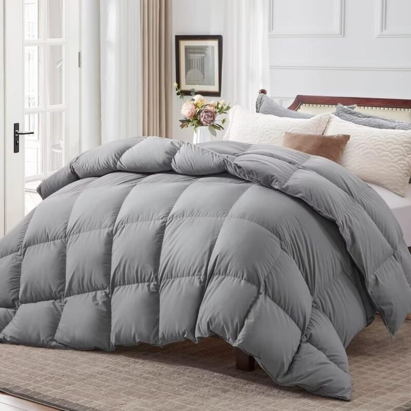 Ultra-Soft Down Feather Comforter King Size,Luxurious Hotel Collection Fluffy Duvet Insert for All Season,Noiseless Shell,700 Filling Power,Medium Weight with Corner Tabs,Grey