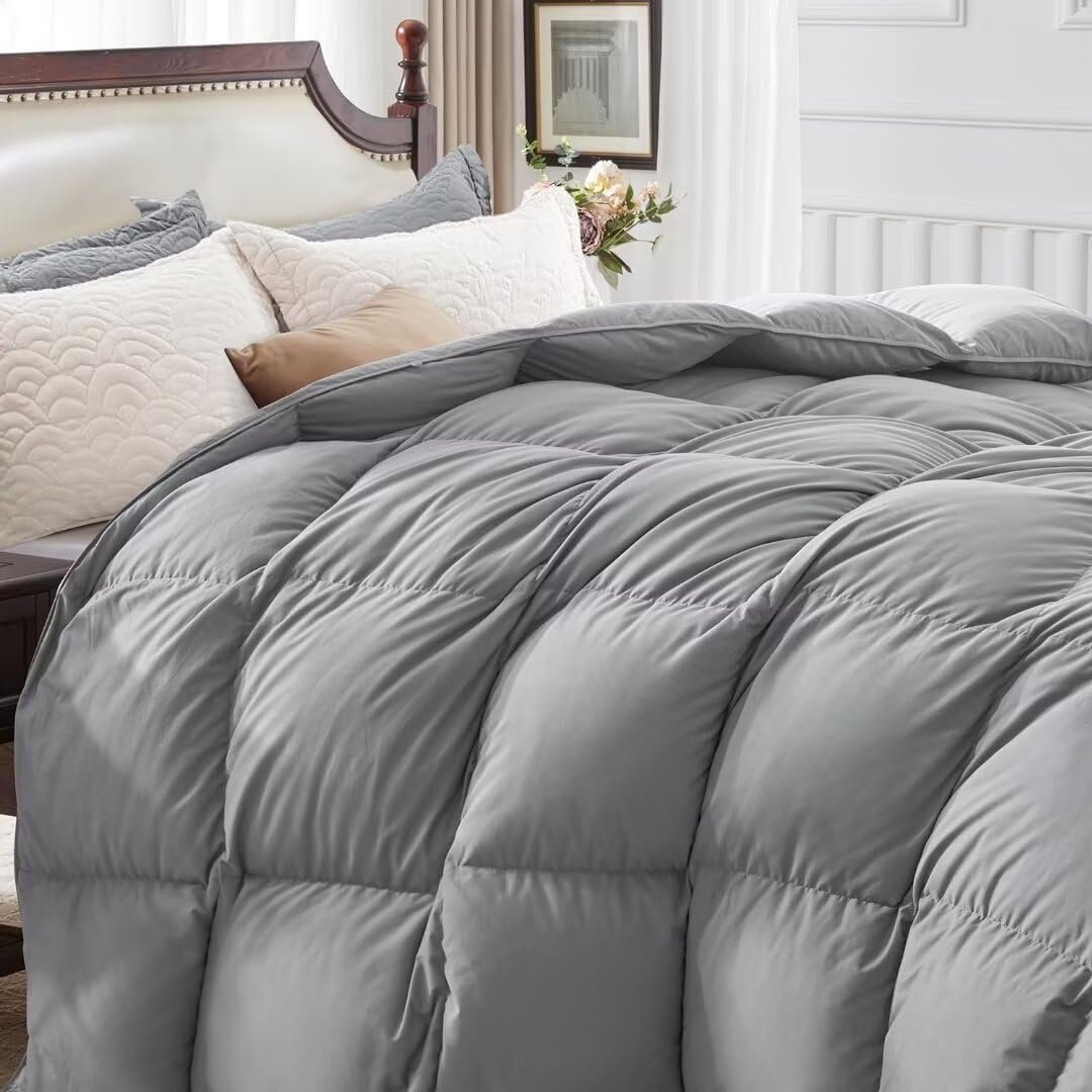 Ultra-Soft Down Feather Comforter King Size,Luxurious Hotel Collection Fluffy Duvet Insert for All Season,Noiseless Shell,700 Filling Power,Medium Weight with Corner Tabs,Grey - Image 2