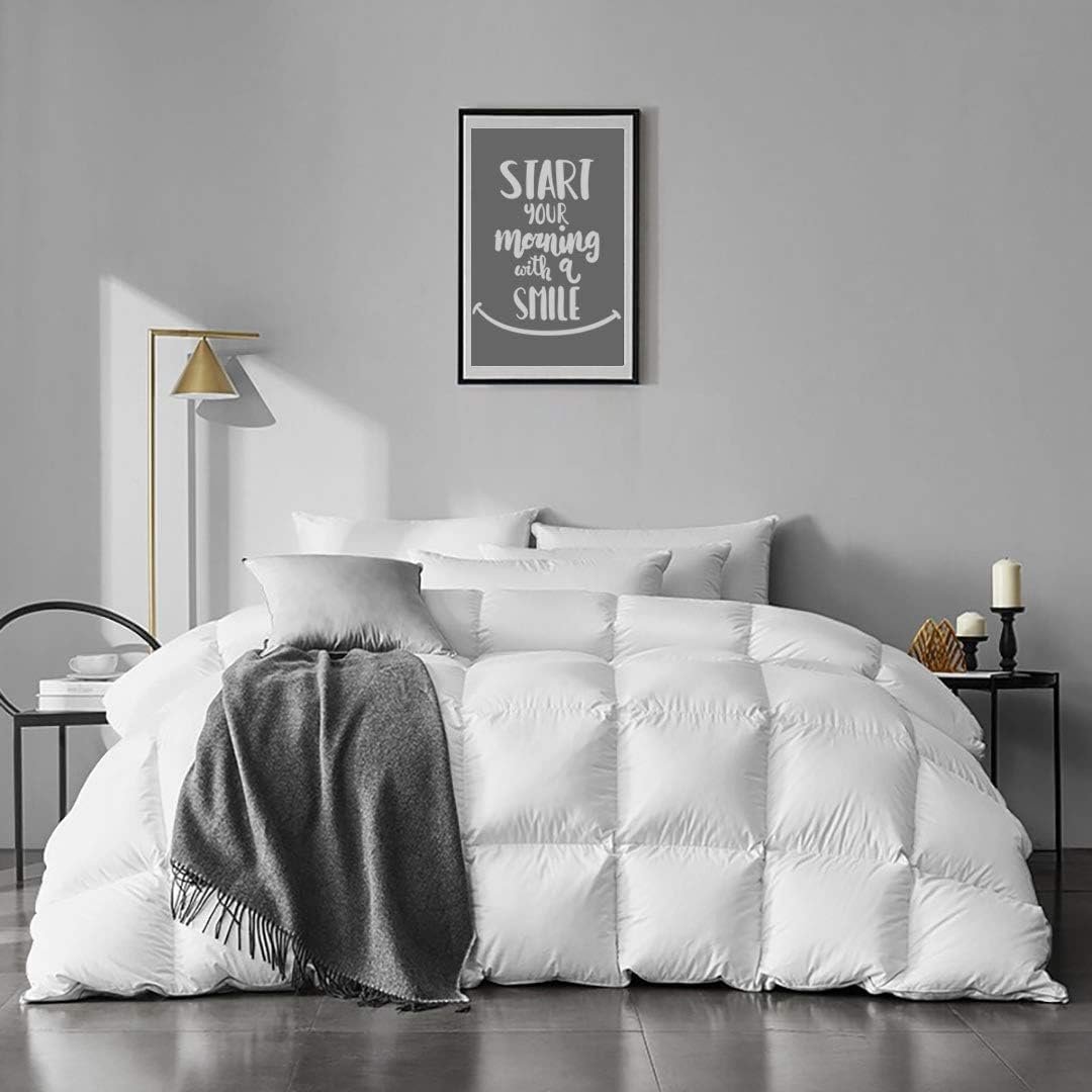 Full Size Feathers Down Comforter - Ultra Soft All Seasons 100% Organic Cotton Feathers Down Duvet Insert Medium Warm Quilted Bed Comforter with Corner Tabs (82x86,Ivory White)