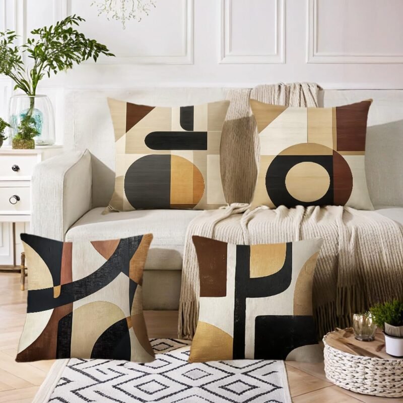 Modern Abstract Geometric Throw Pillow Covers, 18x18 inch, Set of 4, Decorative Polyester Cushion Cases with Hidden Zipper, Brown Black Beige