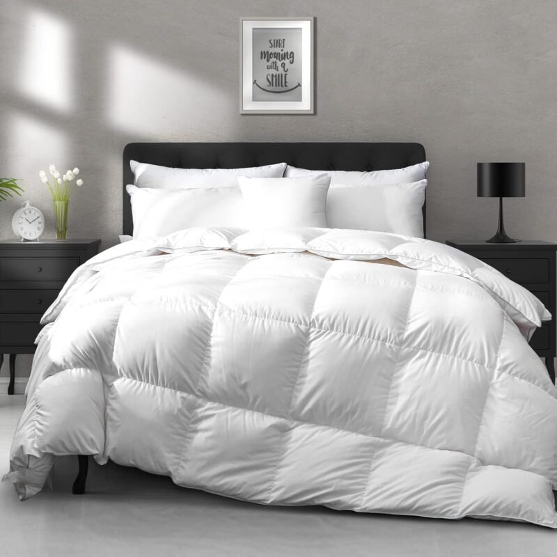 Luxury All Season Down Feather Fibers Comforter Full/Queen Size Duvet Insert - 100% Organic Cotton, High Fill Power Medium Warmth, (Ivory White, 90X90)