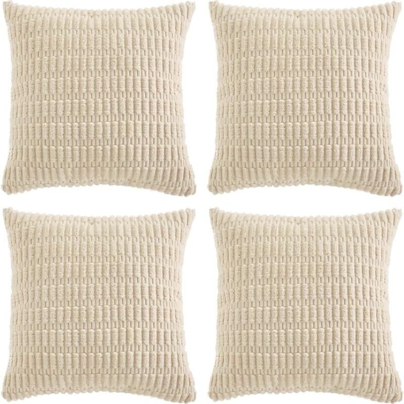 4 Packs Boho Cream Decorative Throw Pillow Covers 18x18 Inch for Living Room Couch Bed Sofa, Rustic Modern Farmhouse Home Decor, Soft Plush Corduroy Cute Square Beige Cushion Case 45x45 cm