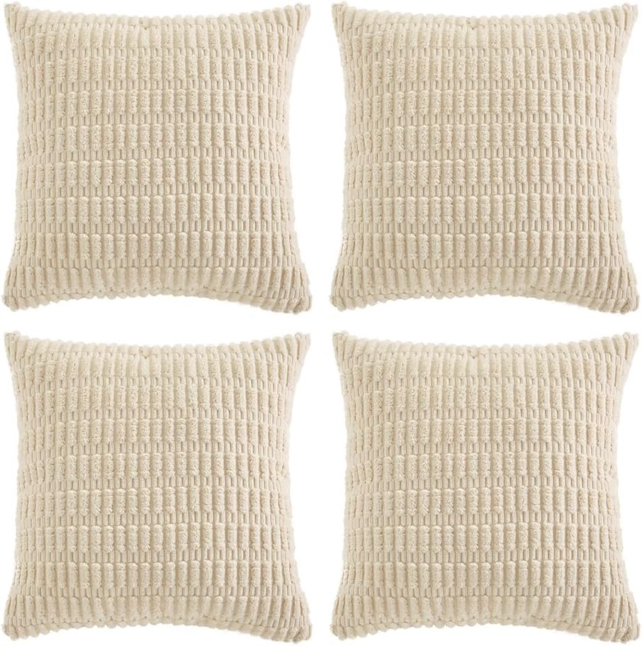 4 Packs Boho Cream Decorative Throw Pillow Covers 18x18 Inch for Living Room Couch Bed Sofa, Rustic Modern Farmhouse Home Decor, Soft Plush Corduroy Cute Square Beige Cushion Case 45x45 cm