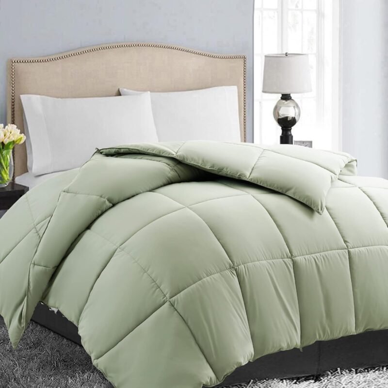 All Season Queen Size Soft Quilted Down Alternative Comforter Reversible Duvet Insert with Corner Tabs,Winter Summer Warm Fluffy,Sage Green,88''x88''