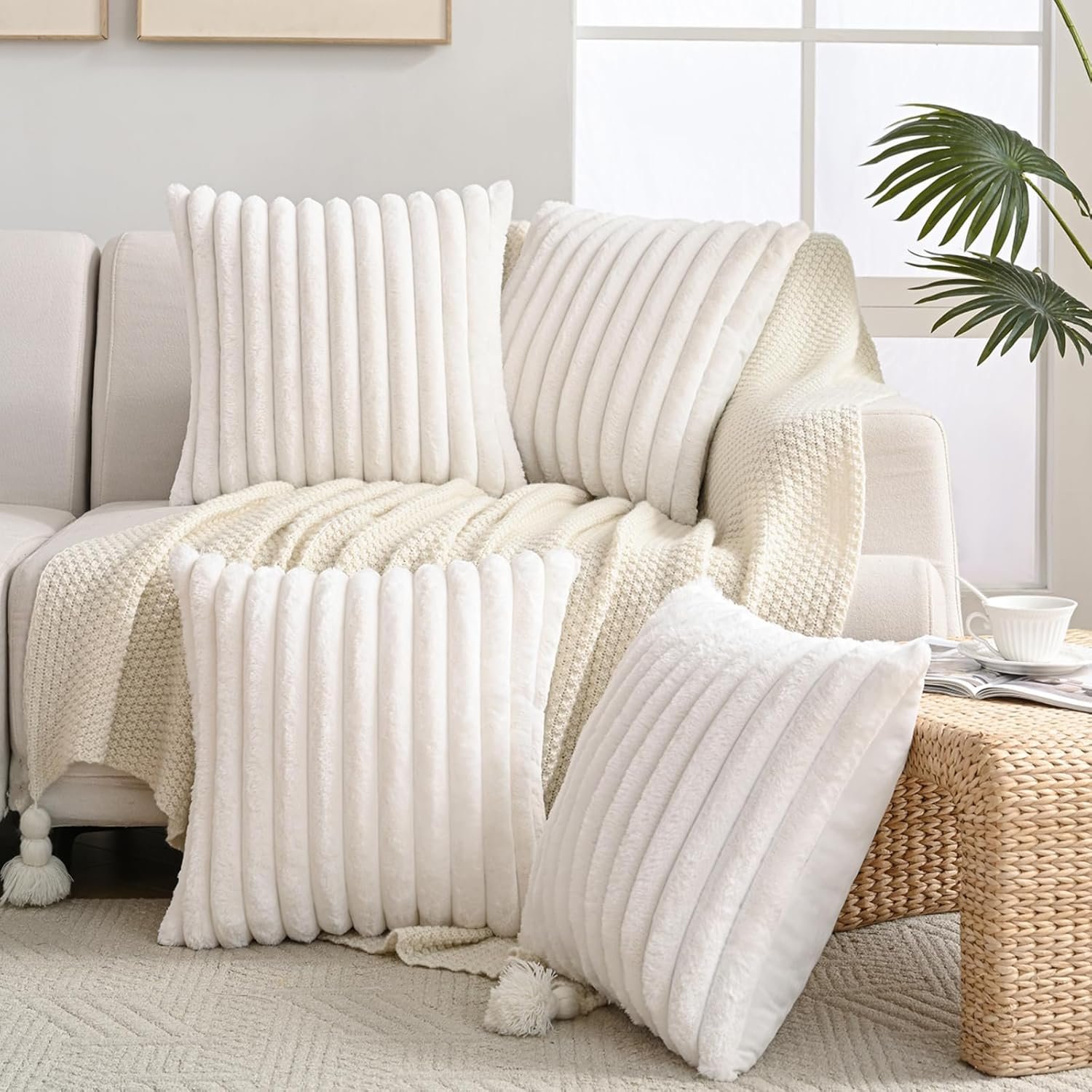 Set of 4 Faux Fur Plush Decorative Throw Pillow Covers 18x18 Inch, Luxury Striped Cushion Cases Soft Fluffy Accent Pillowcases for Sofa, Couch and Bed, Cream White