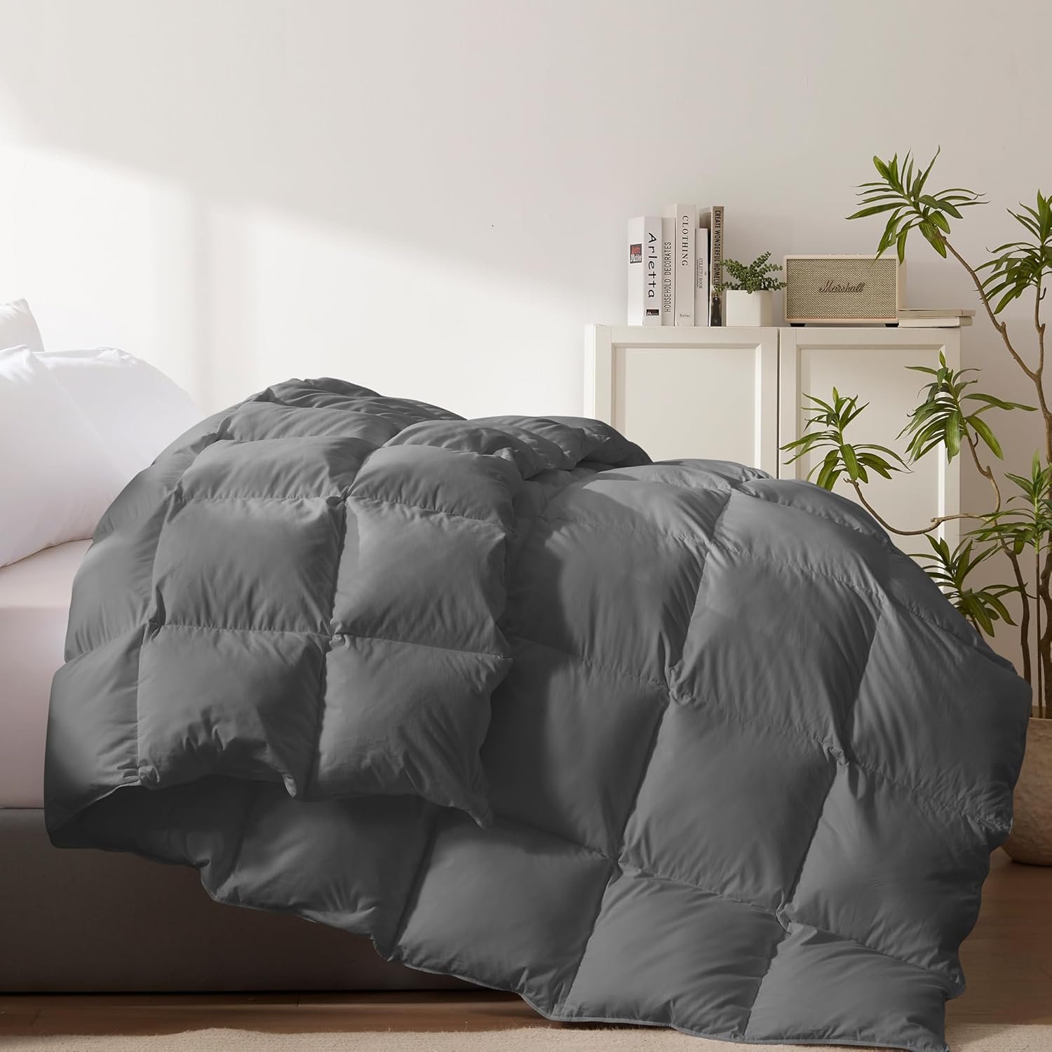 Heavyweight King Size Feather Down Fiber Comforter - Fluffy Dark Grey Thicker Winter Duvet Insert, Ultra Soft 100% Cotton Cover, Luxury Hotel Bedding with Corner Tabs, 68"x90"