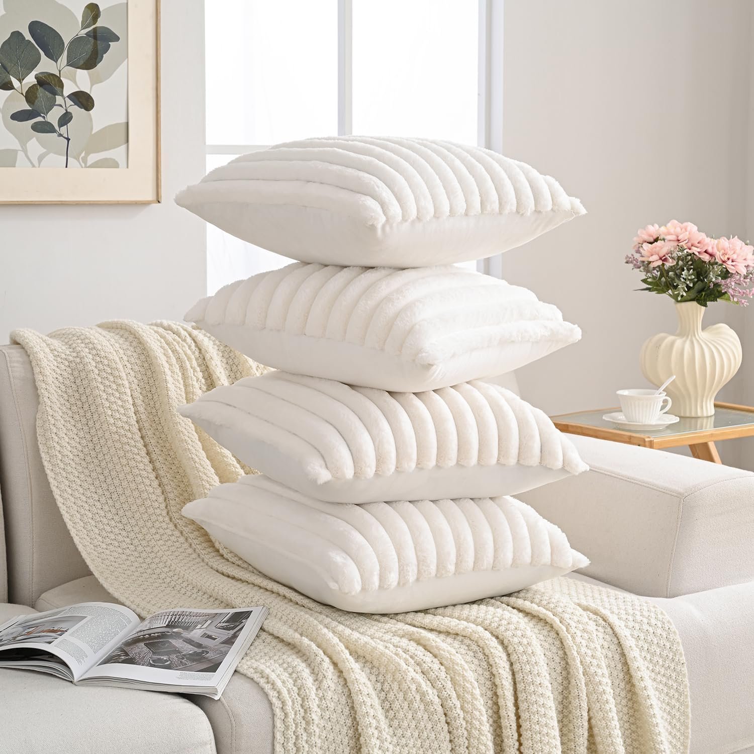 Set of 4 Faux Fur Plush Decorative Throw Pillow Covers 18x18 Inch, Luxury Striped Cushion Cases Soft Fluffy Accent Pillowcases for Sofa, Couch and Bed, Cream White - Image 2