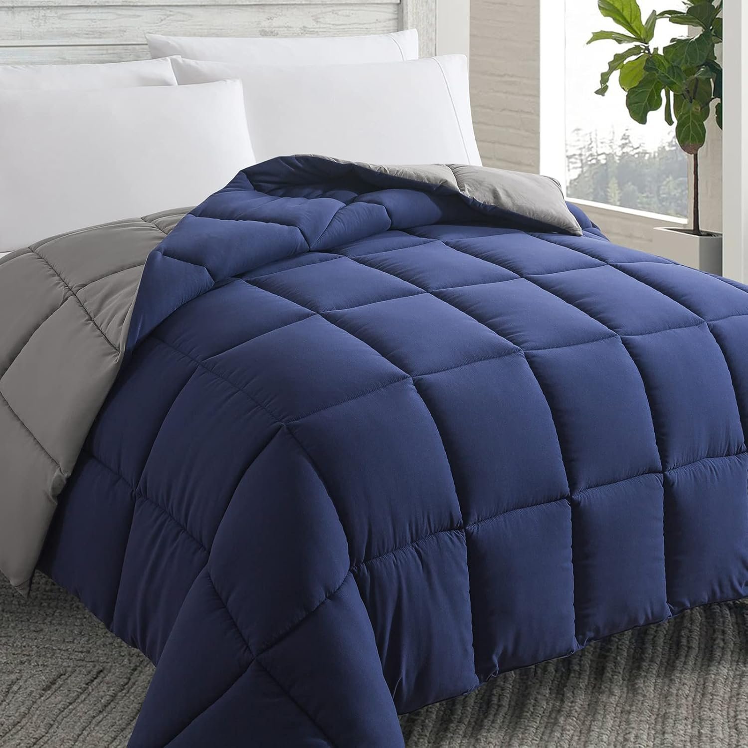 Down Alternative Comforter (Blue/Grey, Queen) - All Season Soft Quilted Queen Size Bed Comforter - Duvet Insert with Corner Tabs -Winter Summer Warm Fluffy, 88x92inches