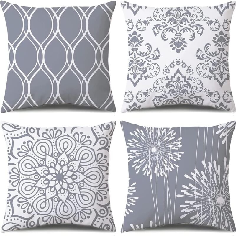 Decorative Throw Pillow Covers 18x18 Set of 4, Grey and White Modern Simple Square Pillow Case Cushion Cover for Sofa Couch Farmhouse Outdoor Living Room (Gray and White, 18" x18")