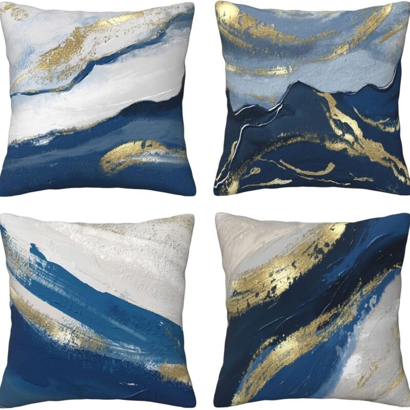 Set Of 4 Decorative Throw Pillow Covers 18x18 Inch, Modern Dark Blue Abstract Oil Painting Art Square Pillows Cover Case For Cushions Sofa Bed Cushion Living Room Farmhouse Outdoor Decoration…