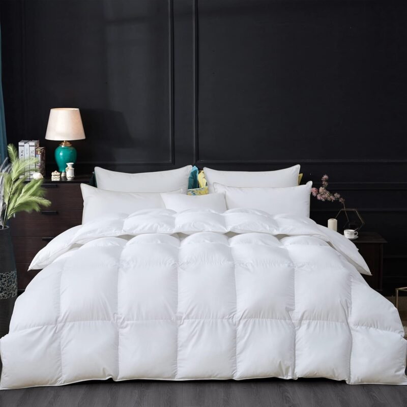 Luxurious All-Season Goose Down Feather Fiber Comforter Queen Size Duvet Insert, Premium White Solid Plain Design, Premium Baffle Box, 100% Egyptian Cotton, 70 oz Fill Weight