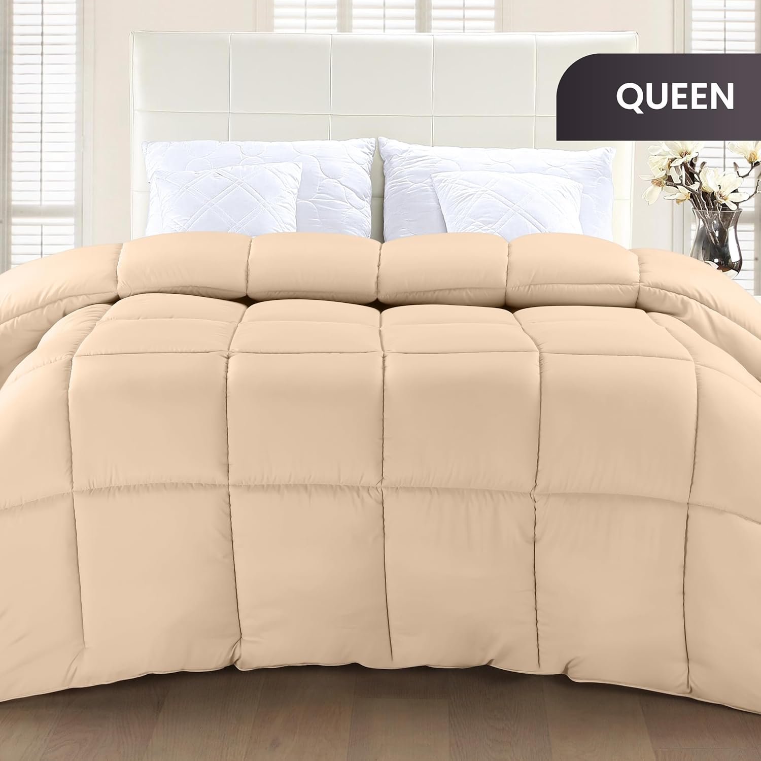 Comforter Duvet Insert, Quilted Comforter with Corner Tabs, Box Stitched Down Alternative Comforters Queen Size (Beige) - Image 2