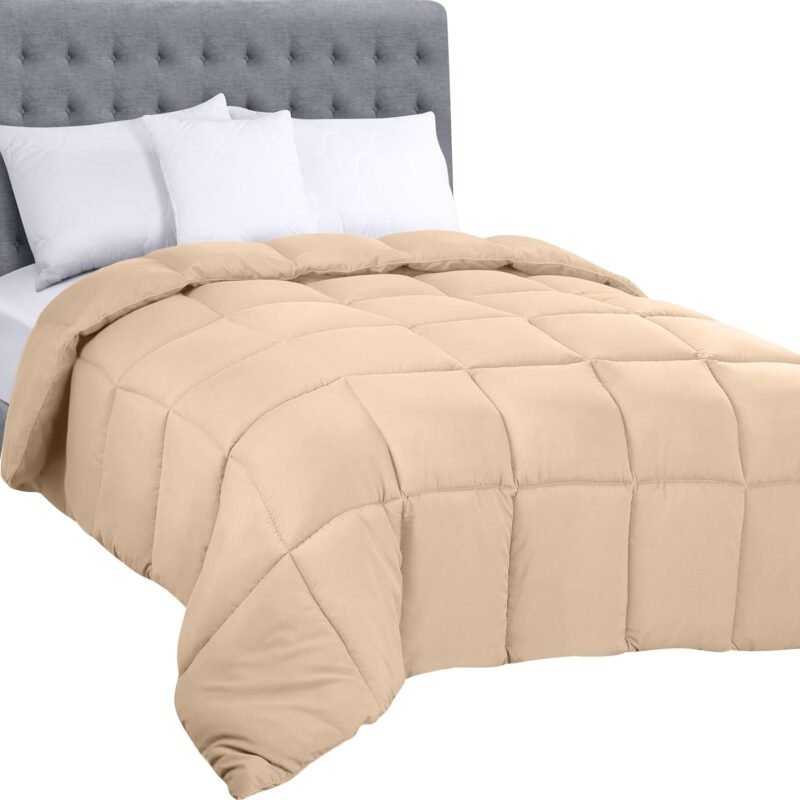 Comforters Queen Size, All Season Duvet Insert, Down Alternative Box Stitched Bed Comforter with Corner Tabs, Machine Washable (Beige)