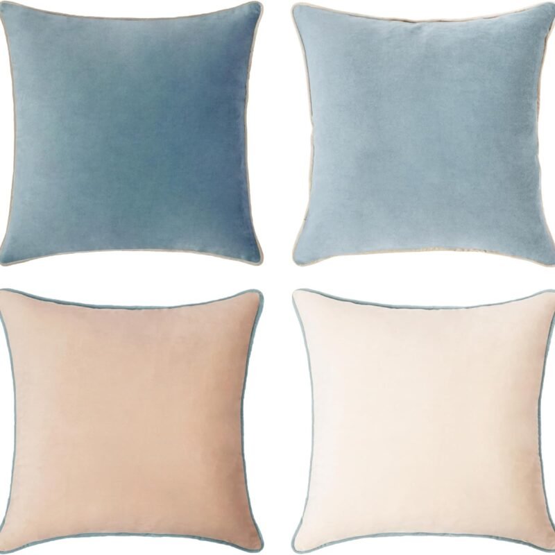 Decorative Throw Pillow Covers Cushion Cases, Set of 4 Soft Velvet Modern Double-Sided Designs, Mix and Match for Home Decor, Pillow Inserts Not Included (18x18 inch, Beige/Light Blue)