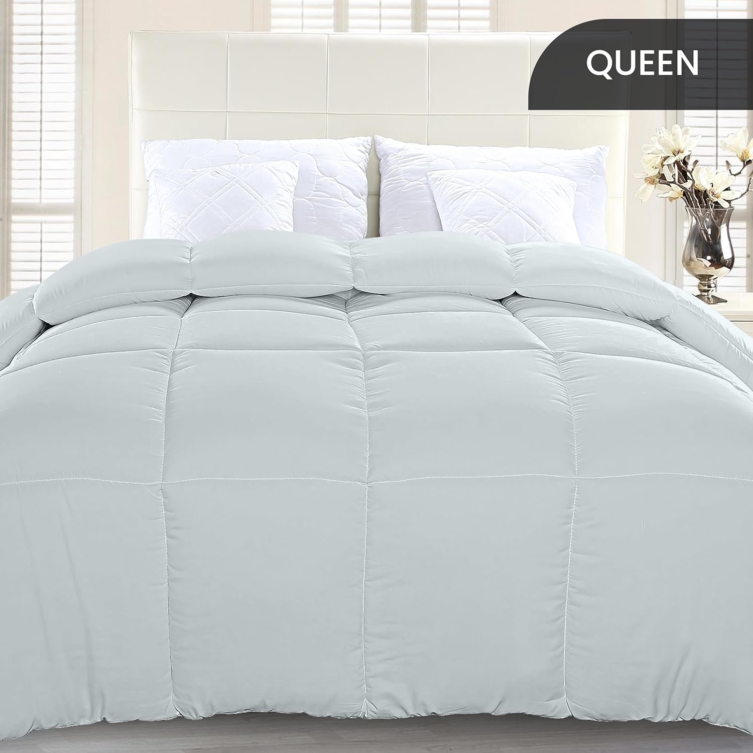 Comforter Duvet Insert, Quilted Comforter with Corner Tabs, Box Stitched Down Alternative Comforters Queen Size (Light Grey) - Image 2