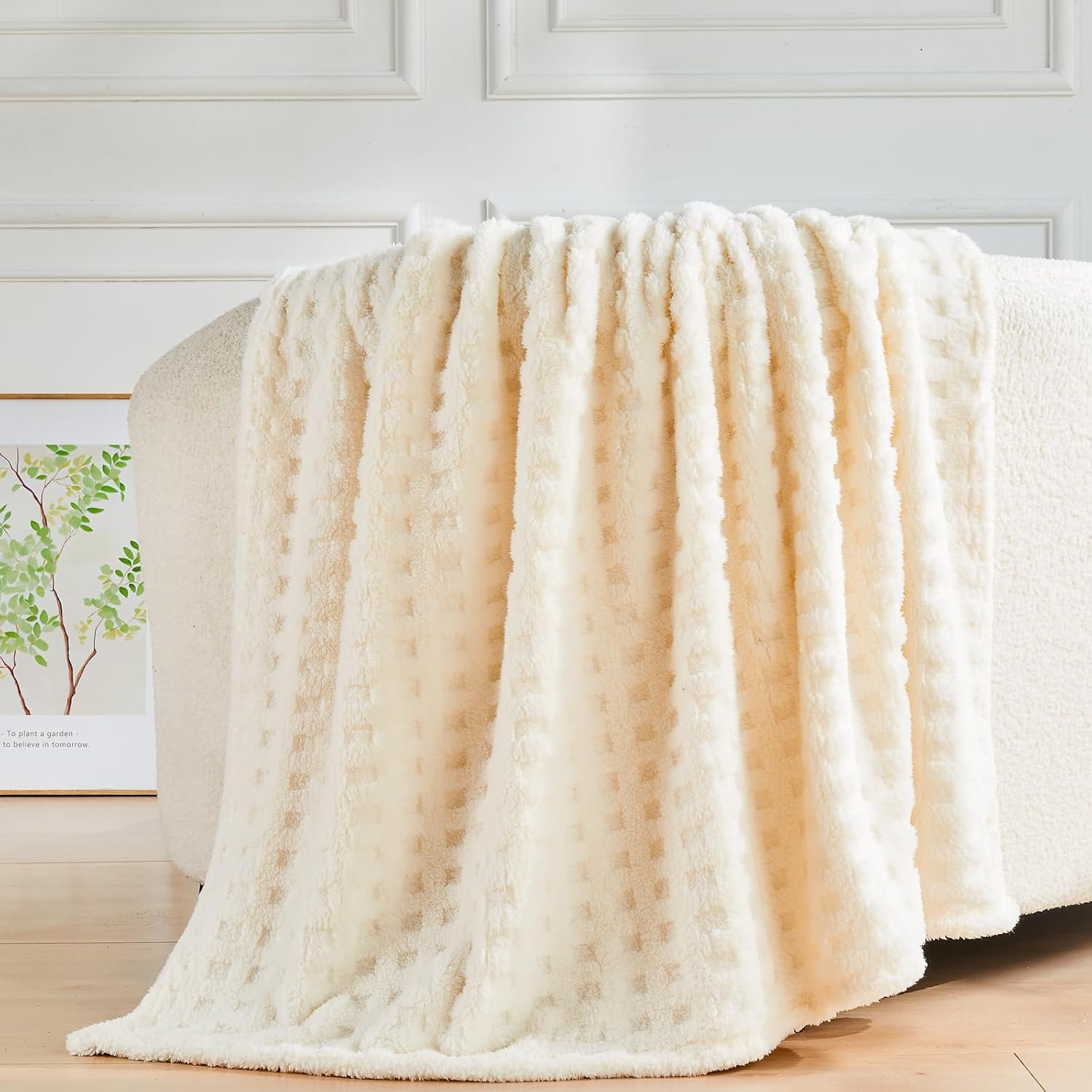 Super Soft Throw Blanket Ivory Premium Silky Flannel Fleece 3D Waffle Checkered Lightweight Bed Blanket All Season Use (Ivory, Throw(50"x70")) - Image 2