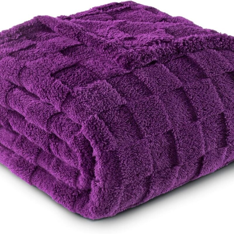 Fleece Throw Blanket for Couch,Super Soft and Warm Lightweight Checkered Pattern Blankets for All Seasons,50x60 Inches, Purple