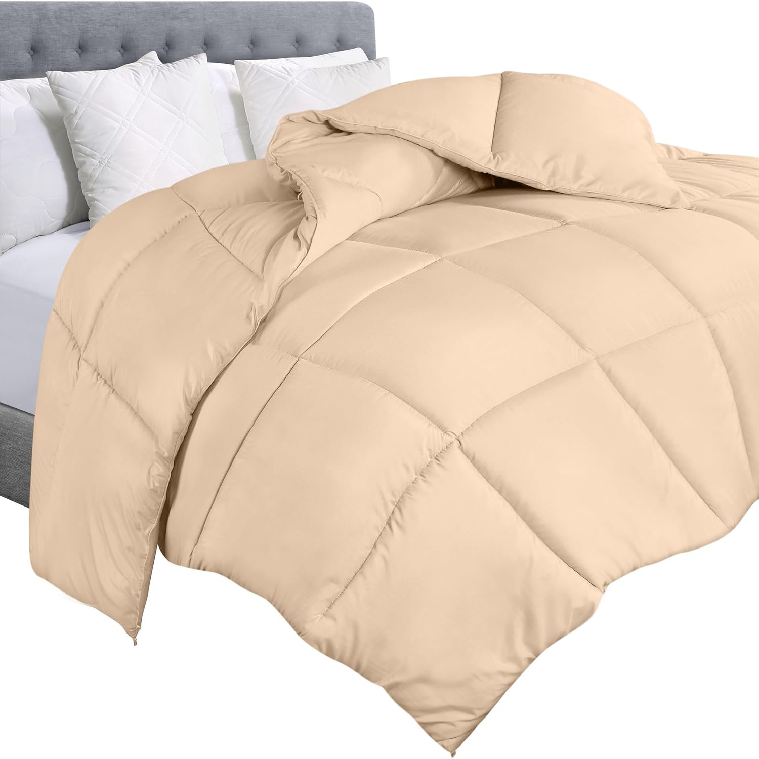 Comforter Duvet Insert, Quilted Comforter with Corner Tabs, Box Stitched Down Alternative Comforters Queen Size (Beige)