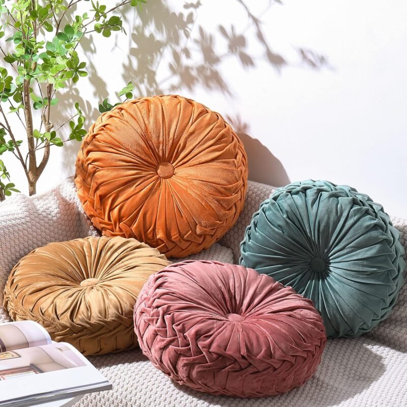 Set of 4 Decorative Round Pleated Throw Pillows, Classy Velvet Pumpkin Round Throw Pillows, Decorative Floor Pillow for Bed Chair Home Sofa Decor, 14" Diameter(Colorful)