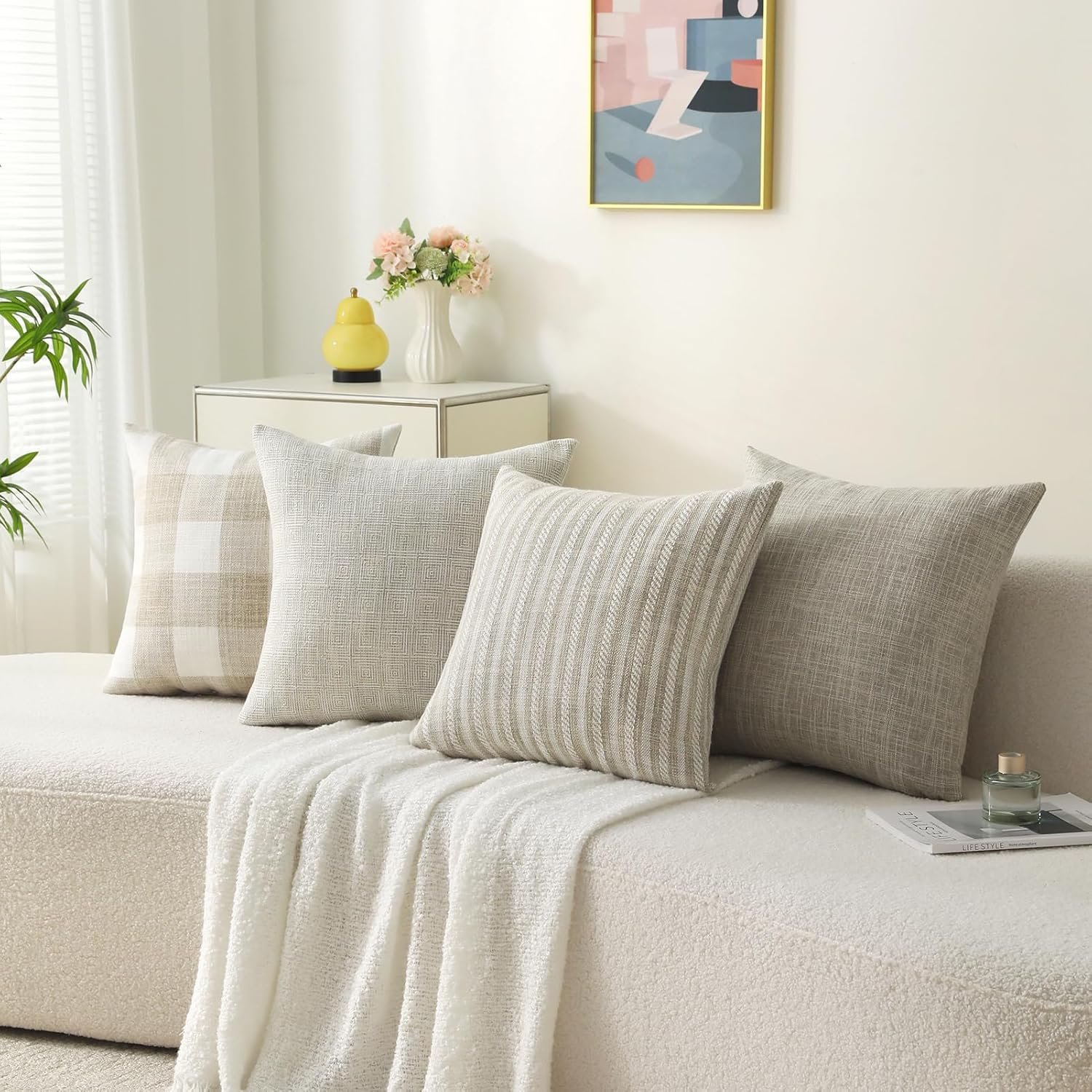 Linen Check Decorative Pillow Covers 18x18 Inch Set Of 4, Boho Throw Pillow Covers Square Couch Pillow Soft Accent Farmhouse Cushion Cover w/Hidden Zipper for Couch Sofa Bedroom Living Room Home Decor - Image 2