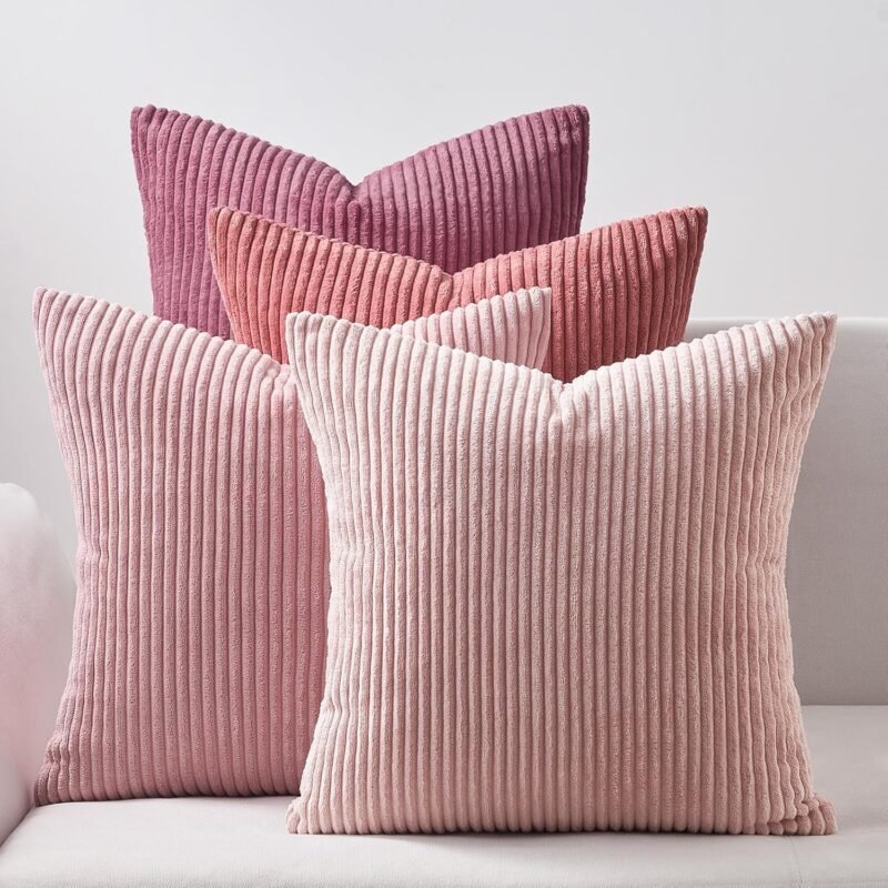 Pink Throw Pillows Covers 18x18 Inch Set of 4,Farmhouse Corduroy Decorative Cushion Case,Valentine's Day Pillow Case for Bedroom Couch Sofa Living Room,Spring Home Decor