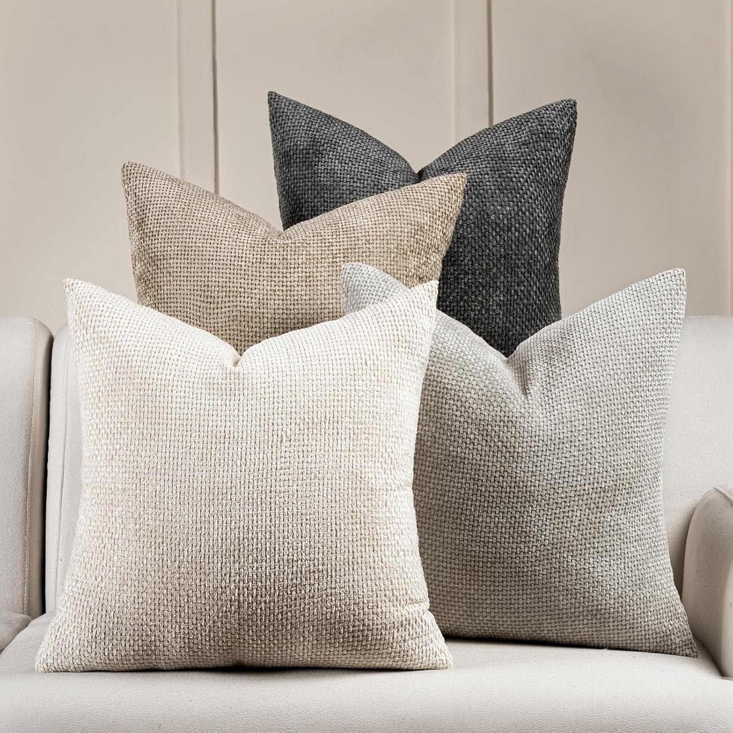 Boho Throw Pillow Covers 20x20 Set of 4, Neutral Chenille Decorative Cushion Covers for Couch, Sofa, Bedroom, Living Room, Farmhouse & Mid-Century Modern Home Decor