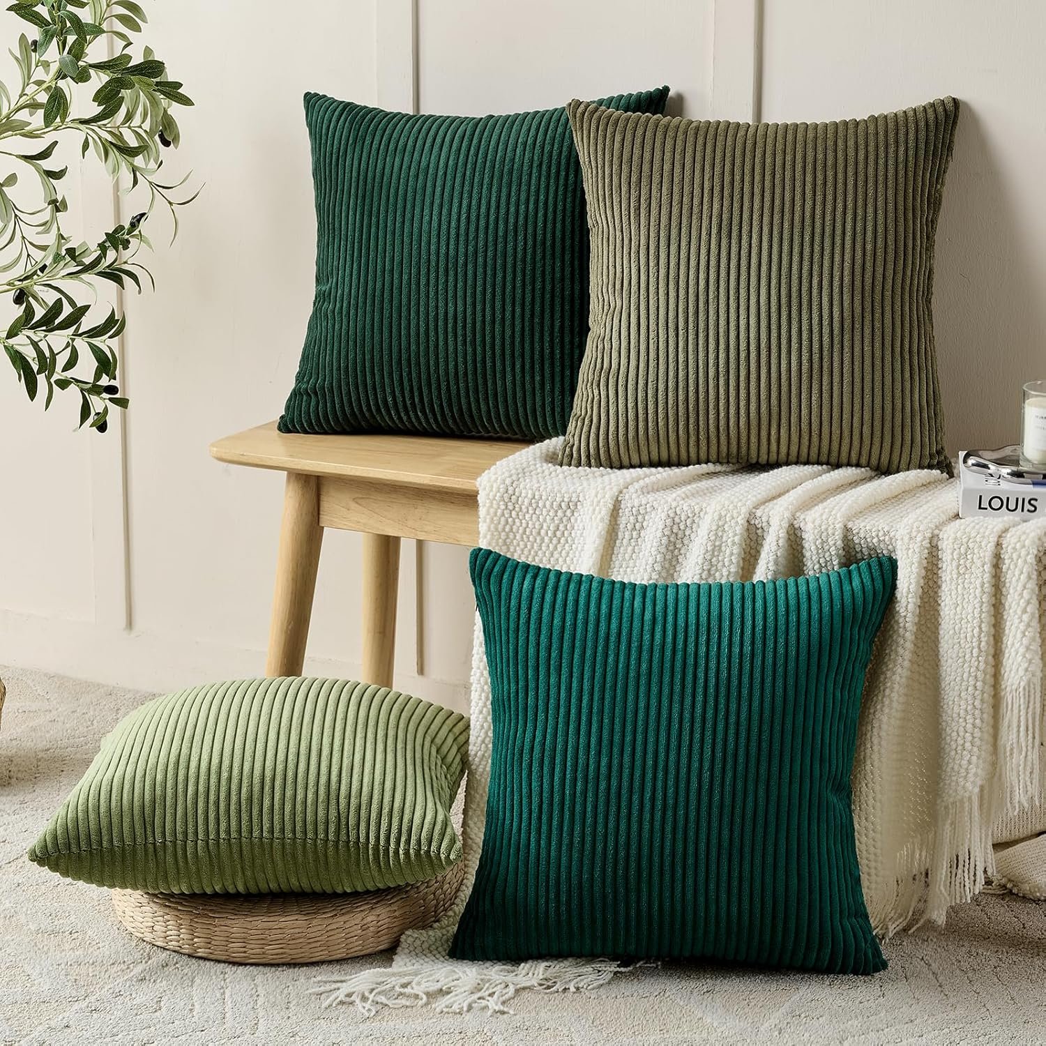 Set of 4 Dark Green Corduroy Decorative Couch Throw Pillow Covers 18x18 Inch, Soft Modern Boho Striped Accent Cushion Cases for Home Sofa, Rustic Home Decor - Image 2