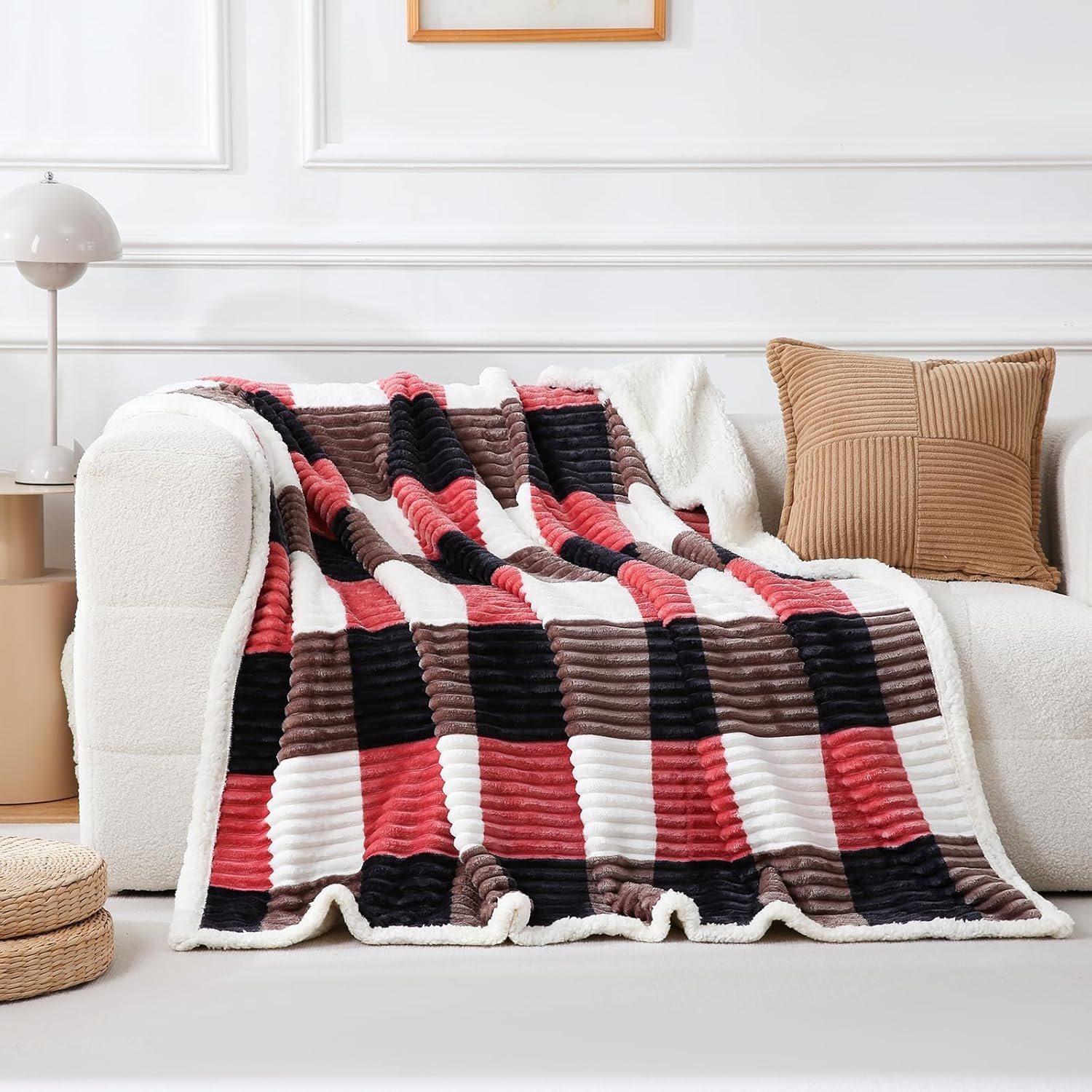 Blanket Twin Plaid Thick Bed Blanket, 60”*80” Super Soft Flannel Fuzzy Fleece Reversible Velvet Plush Warm Blanket for Couch (Black Red Check) - Image 2
