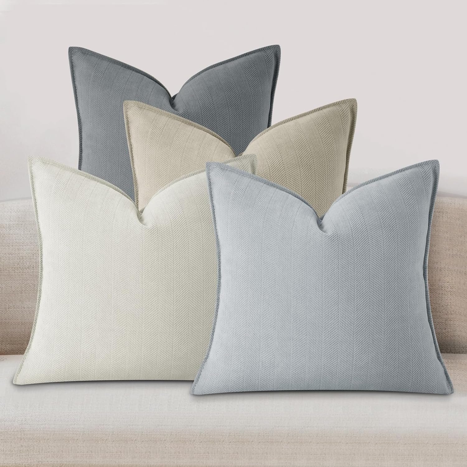 Throw Pillow Covers 18x18 Inch Set of 4 Neutral Soft Chenille Decorative Solid Pillow Covers Modern Farmhouse Cushion Case for Boneless Couch Bed Living Room Home Decor (Neutral)