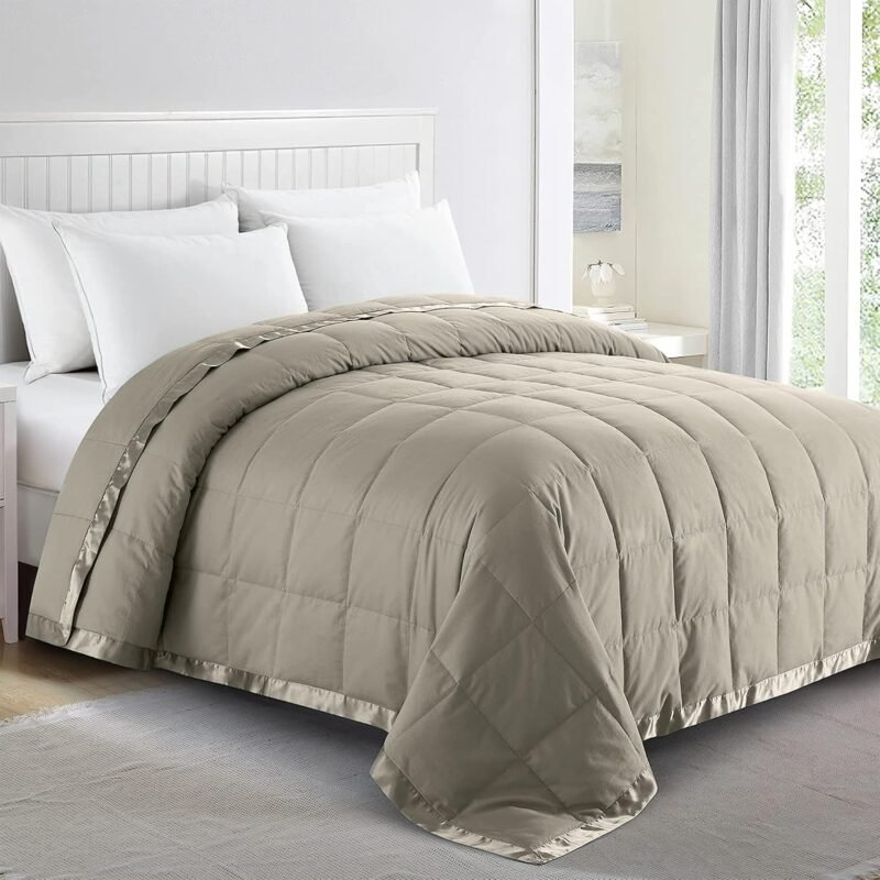 Blankets Queen Size - Soft Lightweight Down Blanket for All Seasons, Cozy Warm Luxury Bed Blanket with Satin Trim, Cotton Cover, Khaki (90"X90")