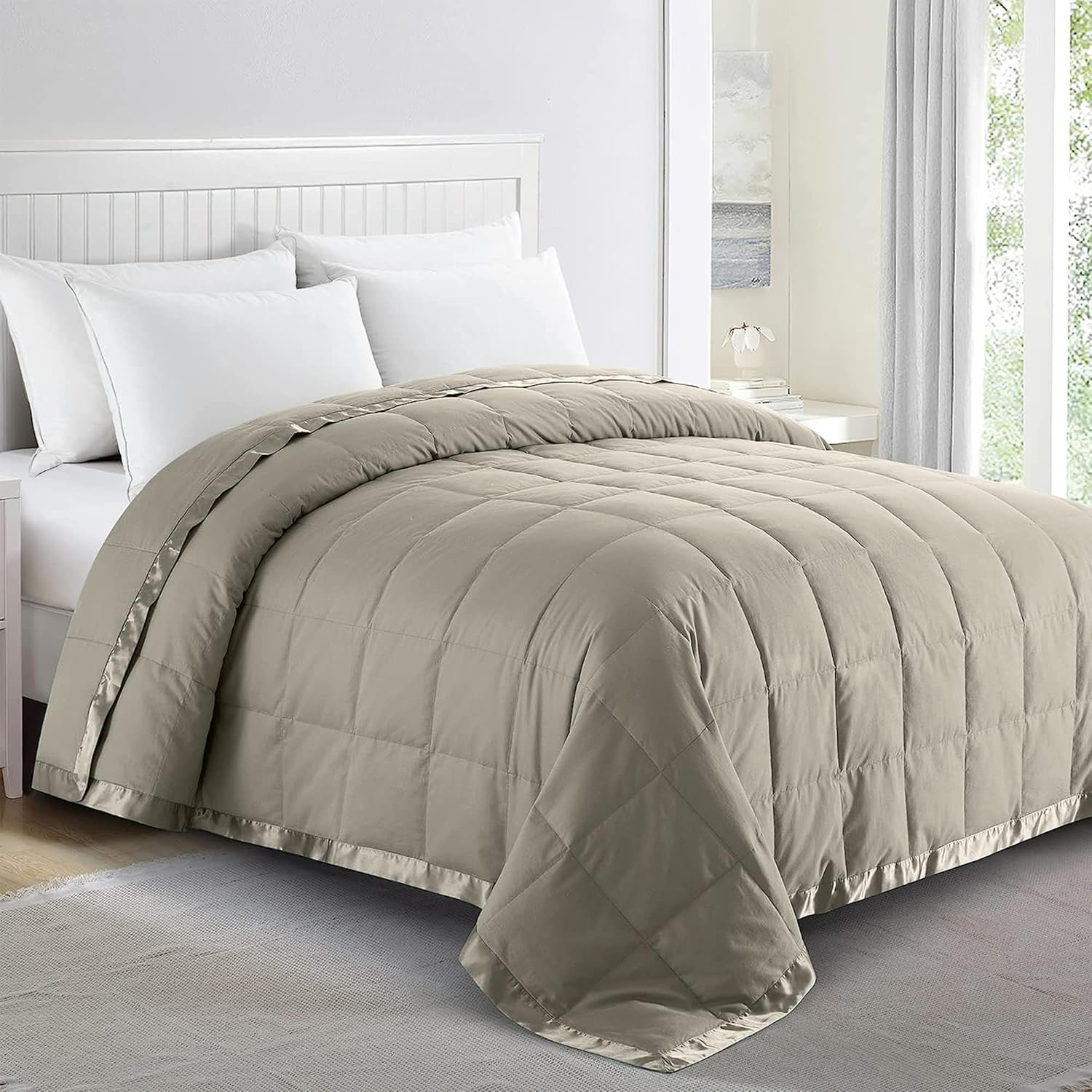 Blankets Queen Size - Soft Lightweight Down Blanket for All Seasons, Cozy Warm Luxury Bed Blanket with Satin Trim, Cotton Cover, Khaki (90"X90")