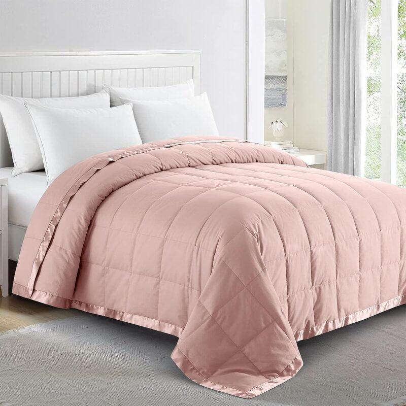 Blankets Queen Size - Soft Lightweight Down Blanket for All Seasons, Cozy Warm Luxury Bed Blanket with Satin Trim, Microfiber Cover, Blush Pink (90"X90")