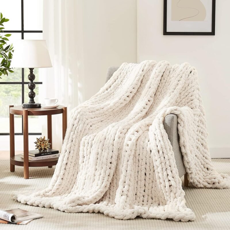 Chunky Knit Blanket Throw,Soft Chenille Yarn Throw 50x60，Handmade Thick Cable Knit Crochet Blanket, Large Rope Knot Throw Blanket for Couch Home Decor
