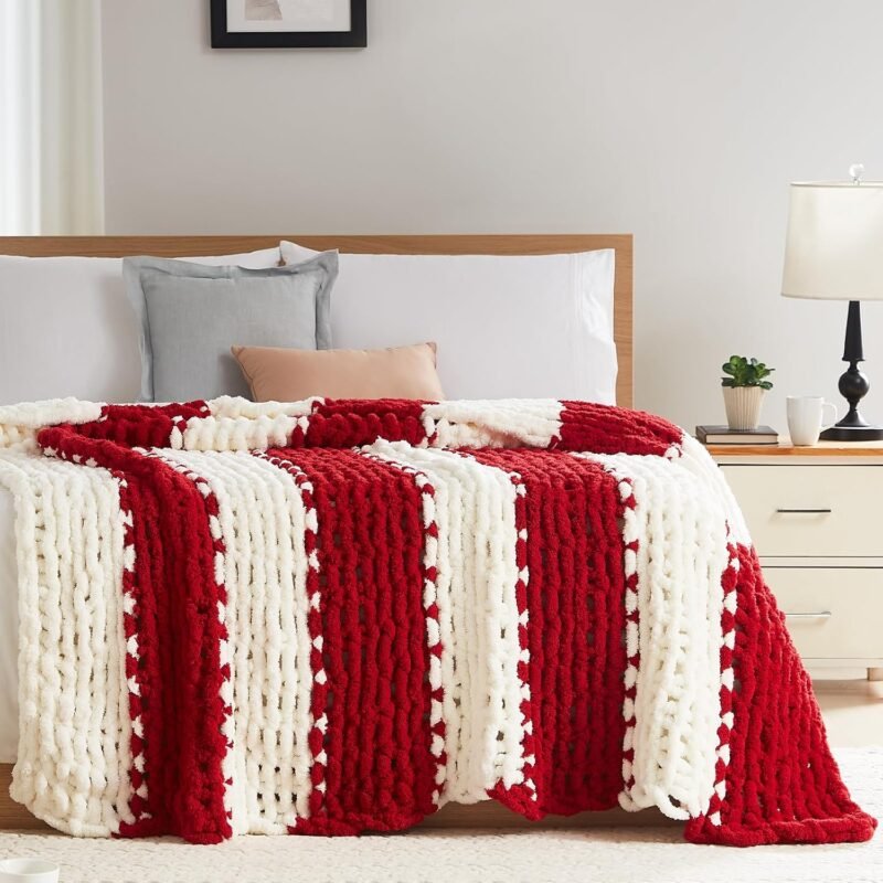 Chunky Knit Blanket Throw - Soft Chunky Throw Blanket 50x60: 100% Hand Kintted Chenile Crochet Throw Blanket for Couch - Large Cable Knit Chunky Blanket for Home Decor(Red and White)