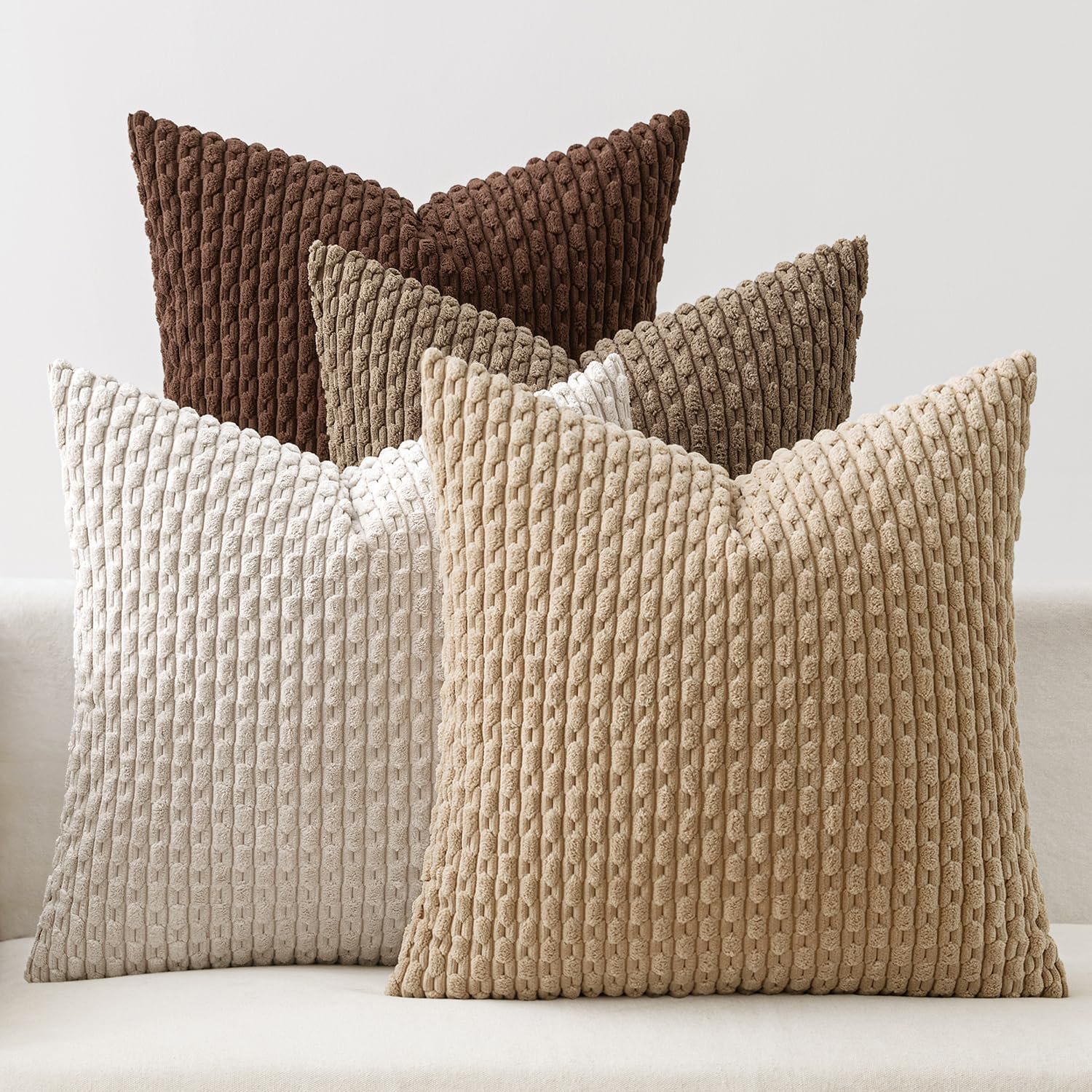 Throw Pillow Covers Soft Couch Decorative Set of 4 Boho Striped Cushion Covers Corduroy Pillowcases Farmhouse Accent Home Decor for Couch Bed Sofa Living Room 18x18 Inch Brown