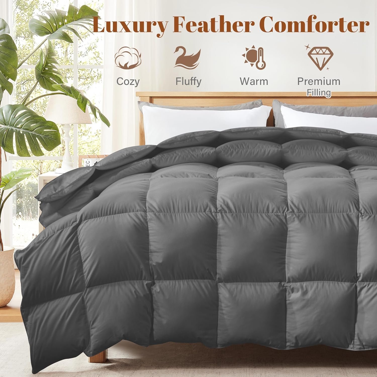 Heavyweight King Size Feather Down Fiber Comforter - Fluffy Dark Grey Thicker Winter Duvet Insert, Ultra Soft 100% Cotton Cover, Luxury Hotel Bedding with Corner Tabs, 68"x90" - Image 2