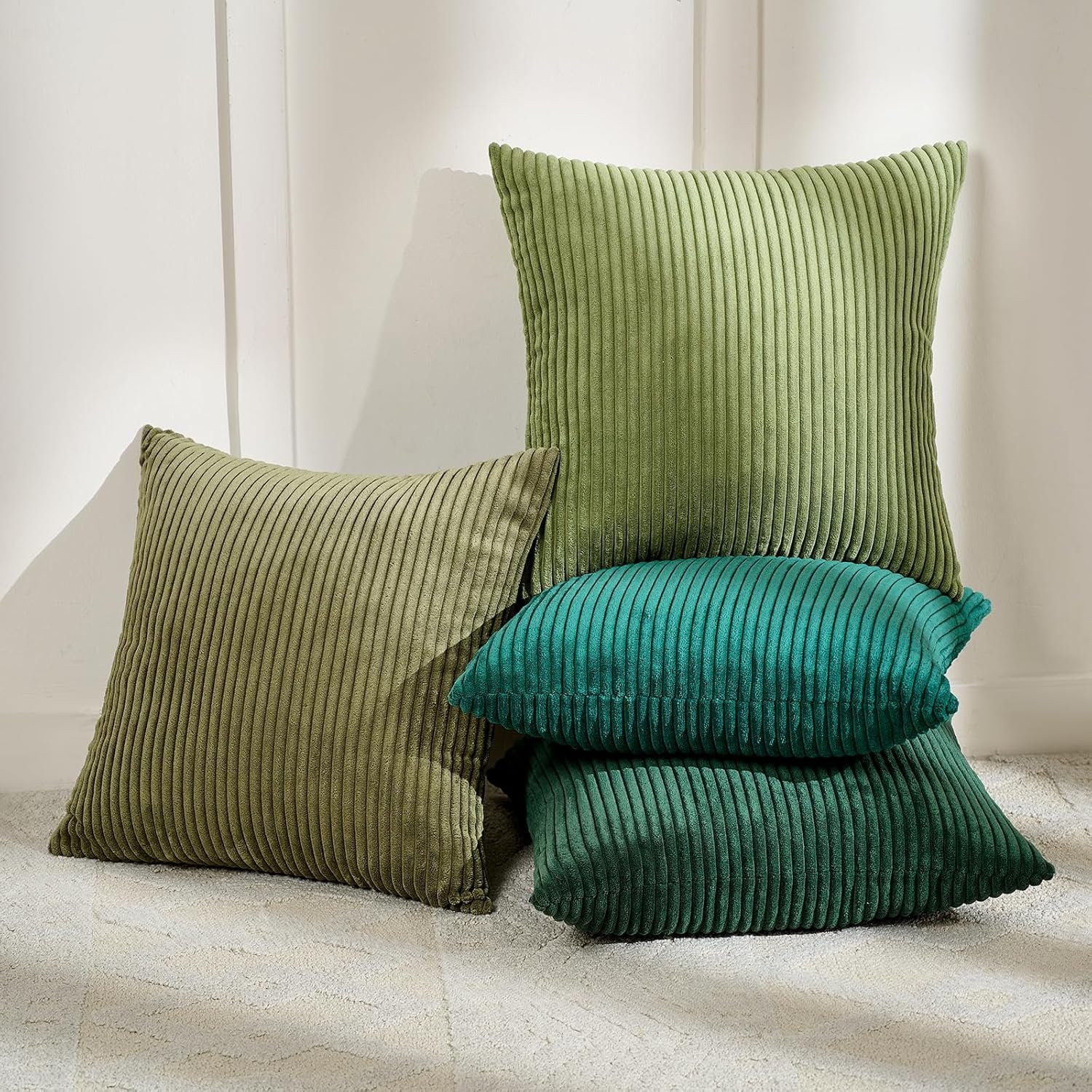 Set of 4 Dark Green Corduroy Decorative Couch Throw Pillow Covers 18x18 Inch, Soft Modern Boho Striped Accent Cushion Cases for Home Sofa, Rustic Home Decor