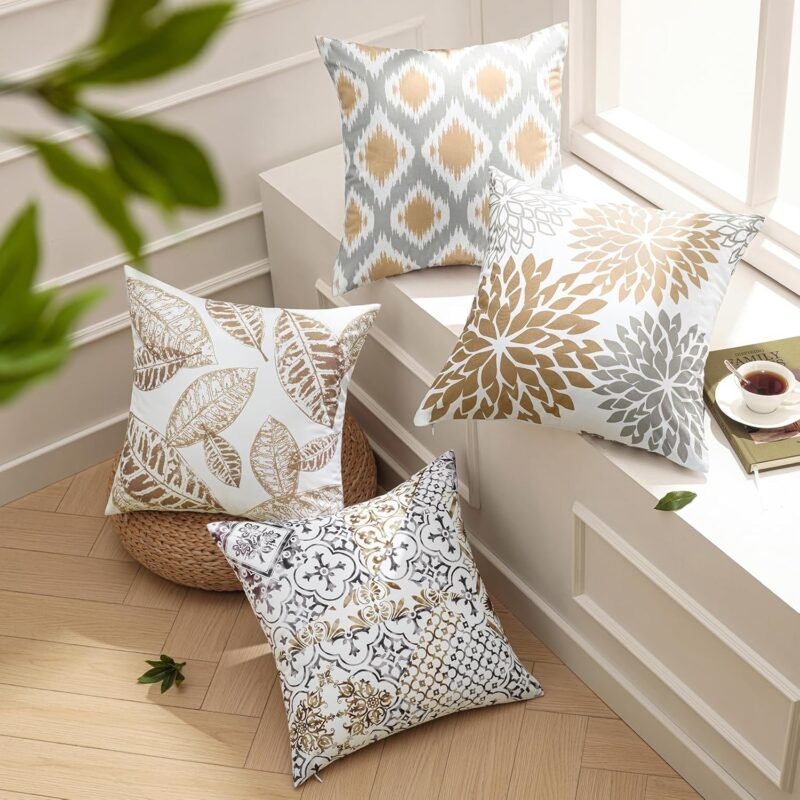 Set of 4  Series Fall Leaf Geometric Coffee Throw Decorative Pillow Cover Cushion Cover 18 x 18 inches 45 x 45 cm