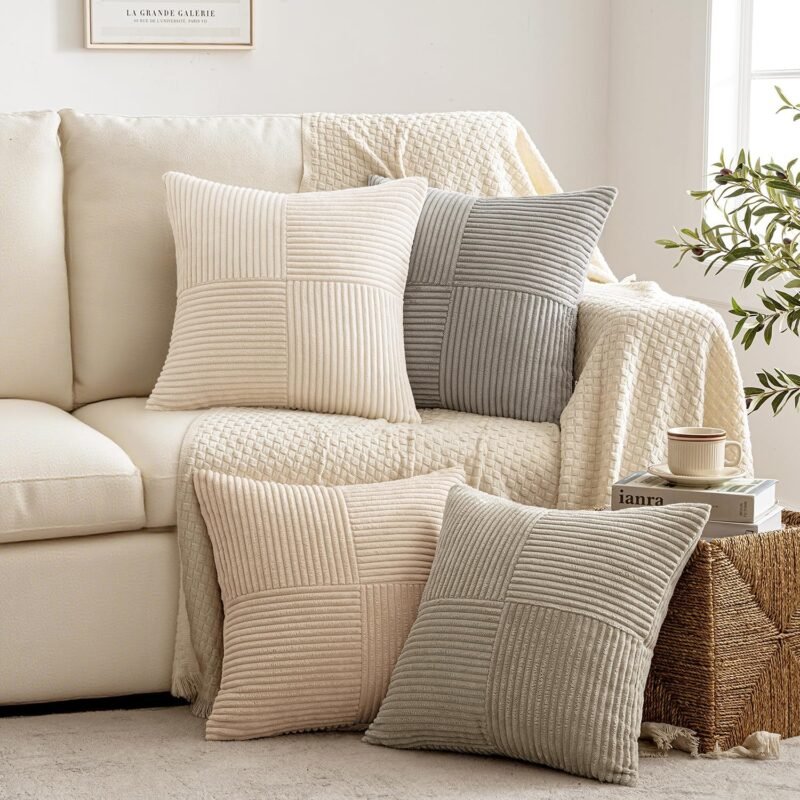 Neutral Decorative Throw Pillow Covers 18x18 Inch Set of 4 for Livingroom Couch Sofa Modern Farmhouse Soft Corduroy Cushion Cases Striped Patchwork Home Decor (Cream,Grey)