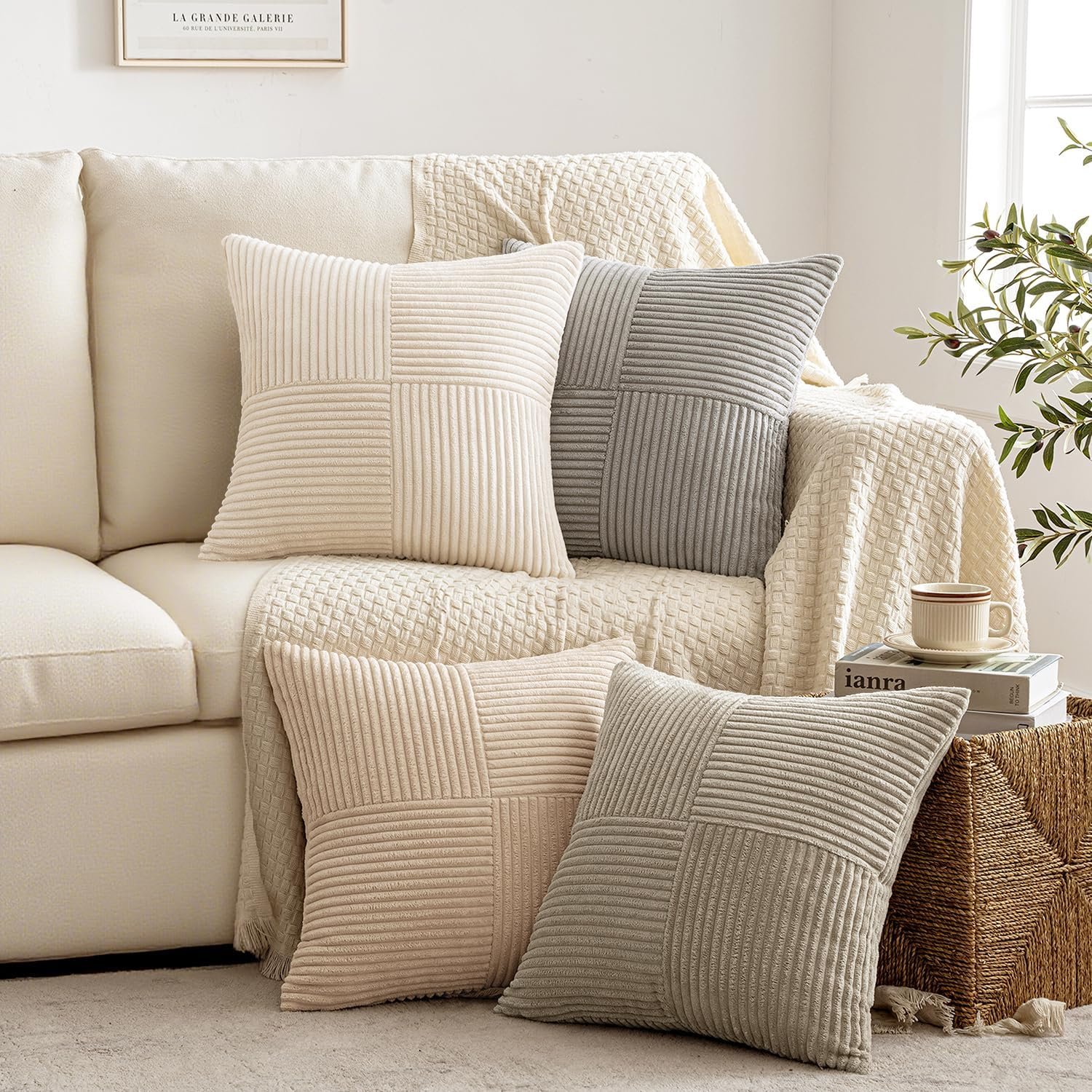 Neutral Decorative Throw Pillow Covers 18x18 Inch Set of 4 for Livingroom Couch Sofa Modern Farmhouse Soft Corduroy Cushion Cases Striped Patchwork Home Decor (Cream,Grey)