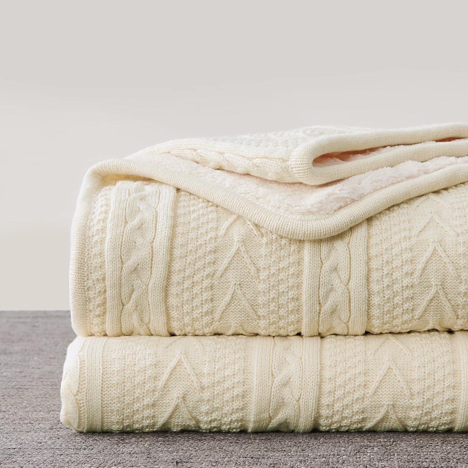 bedding Cream 50 x 63 Inches Acrylic Cable Knit Throw Blanket - Thick, Soft, Big, Cozy Beige Knitted Fleece Blankets for Couch, Sofa, Bed - Large Coverlet All Season