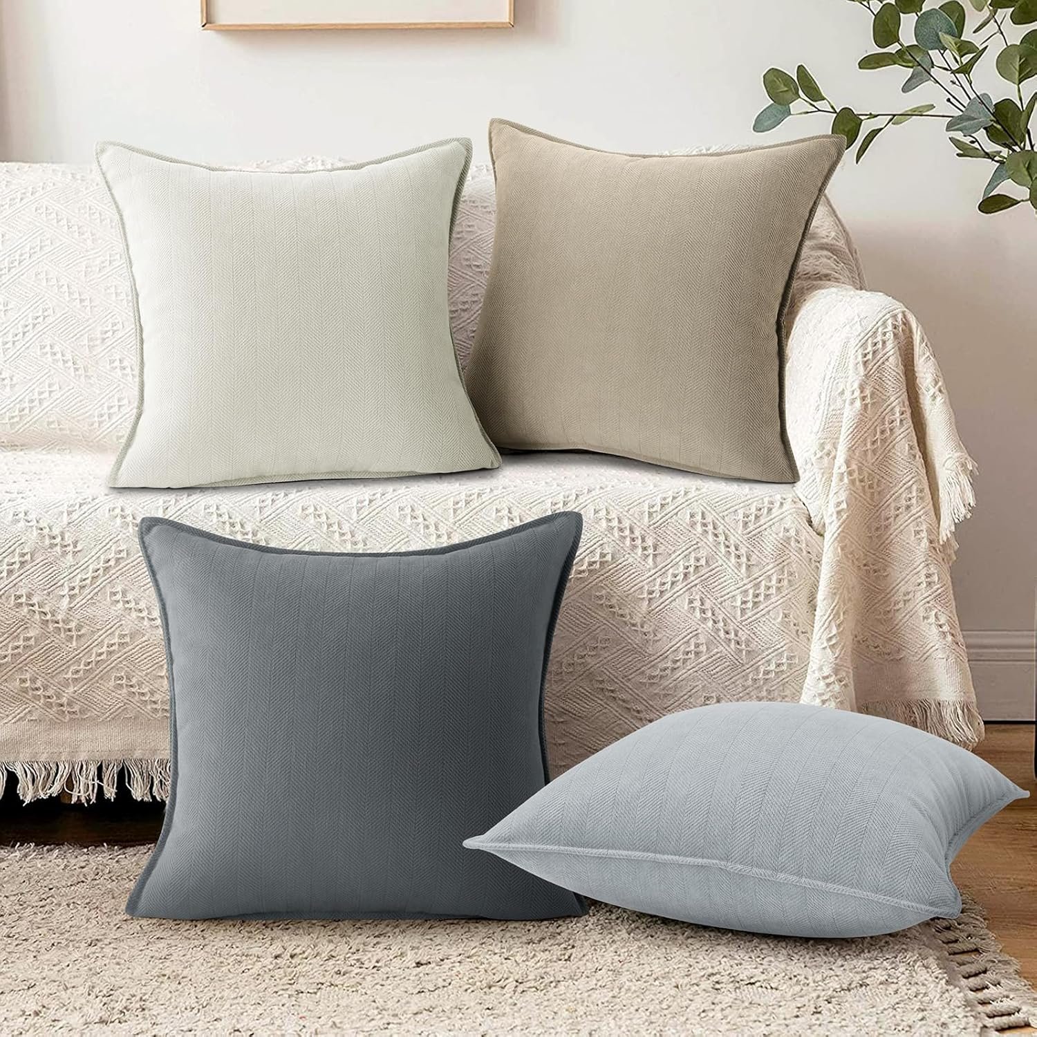 Throw Pillow Covers 18x18 Inch Set of 4 Neutral Soft Chenille Decorative Solid Pillow Covers Modern Farmhouse Cushion Case for Boneless Couch Bed Living Room Home Decor (Neutral) - Image 2