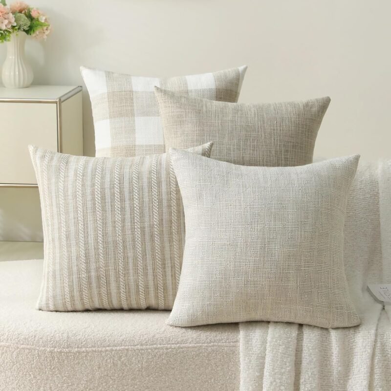 Linen Check Decorative Pillow Covers 18x18 Inch Set Of 4, Boho Throw Pillow Covers Square Couch Pillow Soft Accent Farmhouse Cushion Cover w/Hidden Zipper for Couch Sofa Bedroom Living Room Home Decor