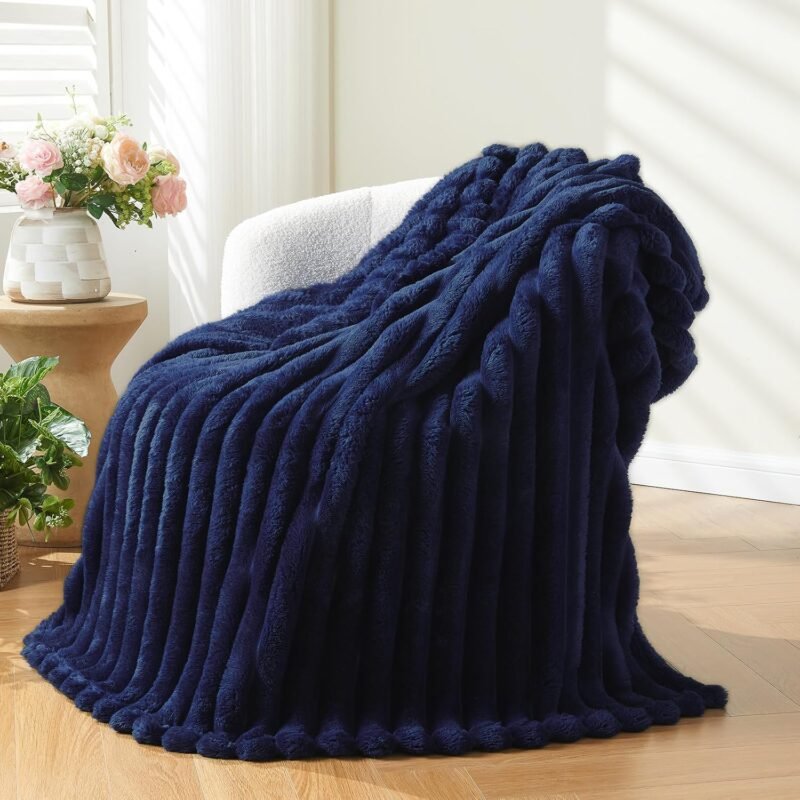 Super Soft Throw Blanket Dark Navy Premium Silky Flannel Fleece 3D Ribbed Jacquard Lightweight Bed Blanket All Season Use (Dark Navy Ribbed, Throw(50"x60"))