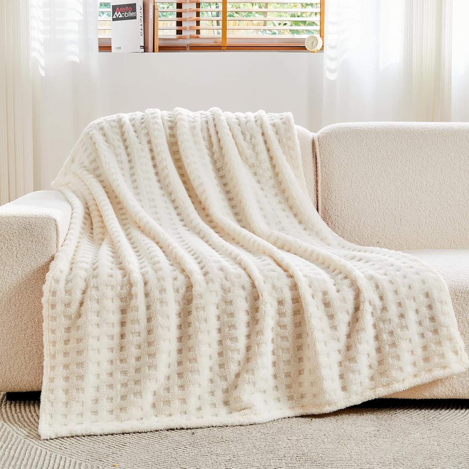 Super Soft Throw Blanket Ivory Premium Silky Flannel Fleece 3D Waffle Checkered Lightweight Bed Blanket All Season Use (Ivory, Throw(50"x70"))