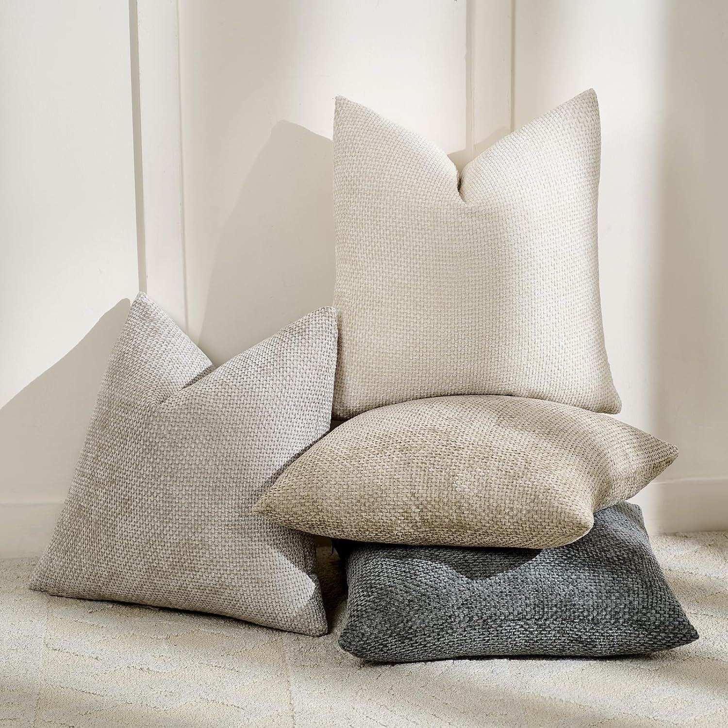 Boho Throw Pillow Covers 20x20 Set of 4, Neutral Chenille Decorative Cushion Covers for Couch, Sofa, Bedroom, Living Room, Farmhouse & Mid-Century Modern Home Decor - Image 2