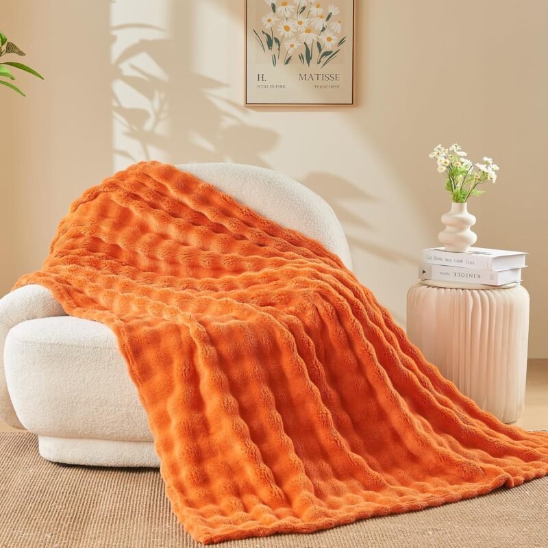 Fall Throw Blanket for Couch Orange Super Soft Flannel Fleece 3D Bubble Lightweight Bed Blanket All Season Use (Orange, Throw(50"x60"))