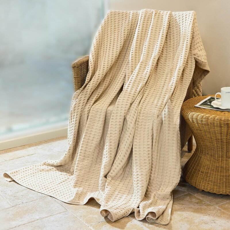 100% Cotton Waffle Weave Sofa Blanket, Lunch Break Blanket, Queen Bed Blanket, Outdoor Camping Blanket, (Apricot, 40 × 60 inches)