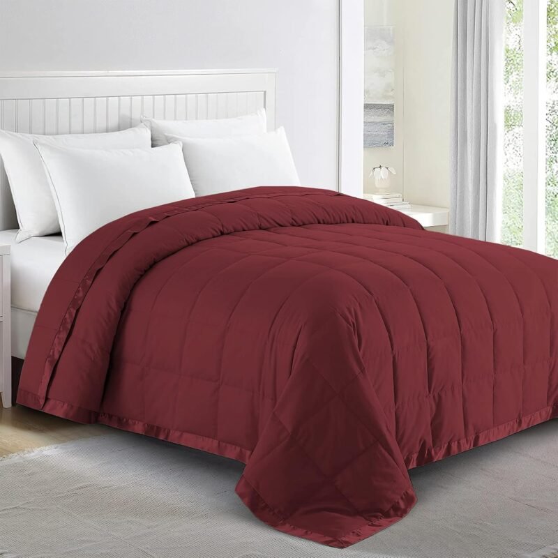 Blankets Queen Size - Soft Lightweight Down Blanket for All Seasons, Cozy Warm Luxury Bed Blanket with Satin Trim, Microfiber Cover, Burgundy (90"X90")